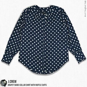 J.CREW DRAPEY RUFFLE CUFF BAND-COLLAR SHIRT IN NAVY WITH WHITE POLKA DOTS SMALL